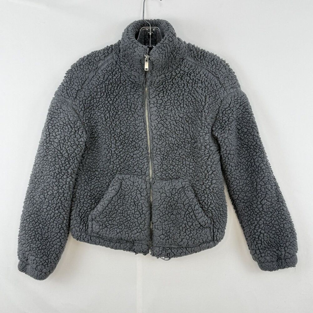 New Look Jacket Womens Size 0 Gray Sherpa Fleece Full Zip Funnel Neck